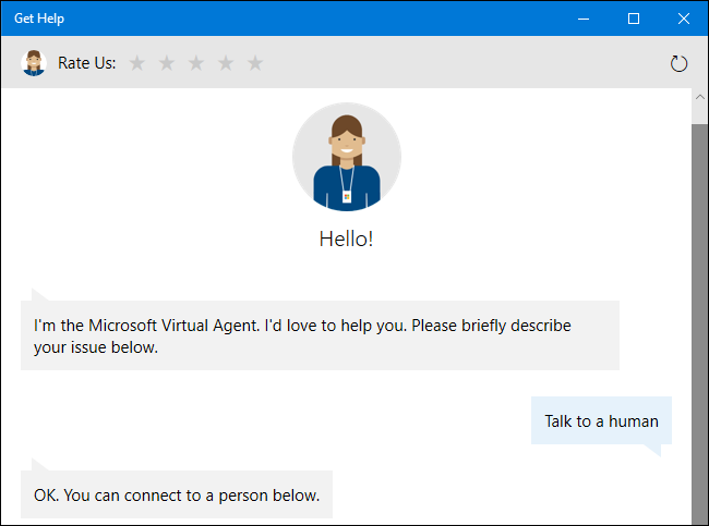 Solicitando ao agente de suporte virtual um representante humano no Windows 10