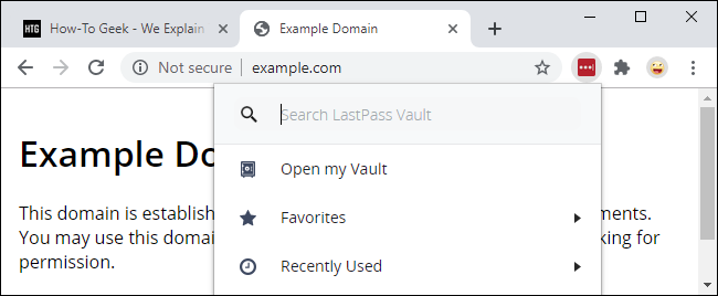 Usando a extensão LastPass do menu de extensões do Chrome