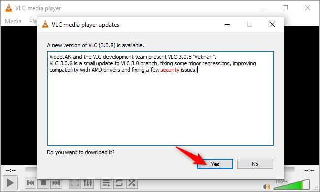Instalando uma atualização disponível no VLC media player no Windows 10