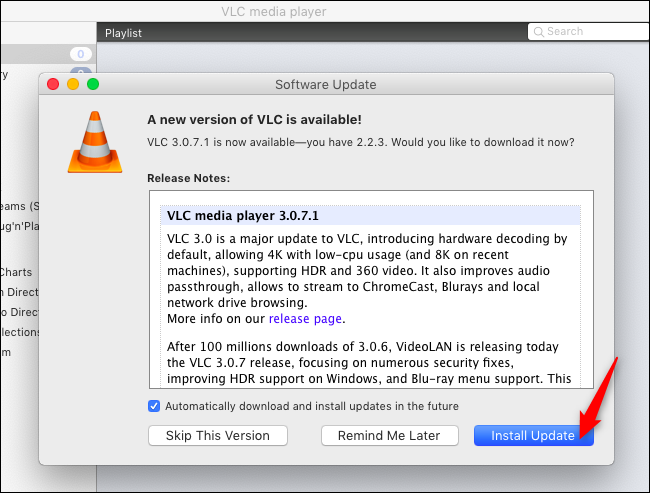Instalando atualizações no VLC no macOS