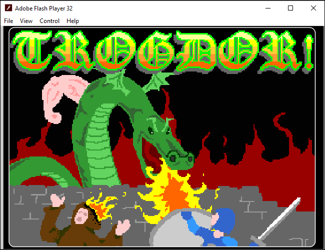 Tela inicial do jogo Trogdor no Adobe Flash Player independente no Windows