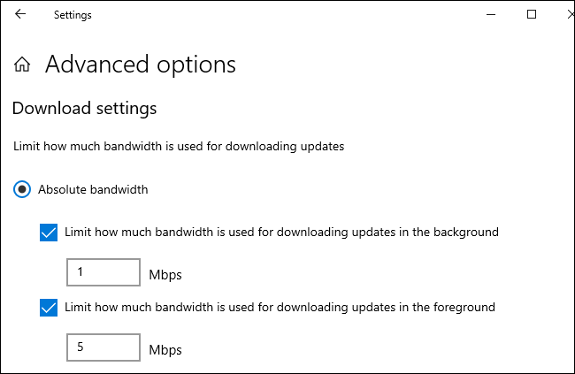 Definir um limite de download e upload em Mbps para atualizações do Windows 10.