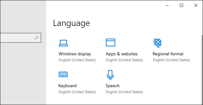 Novos ícones de opção de idioma no aplicativo Configurações do Windows 10.