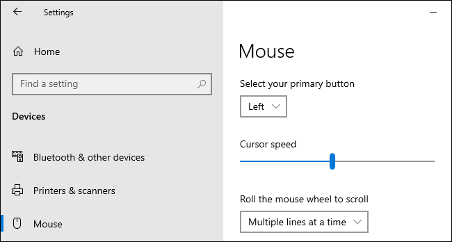 Definir a velocidade do cursor do mouse no aplicativo Configurações do Windows 10.
