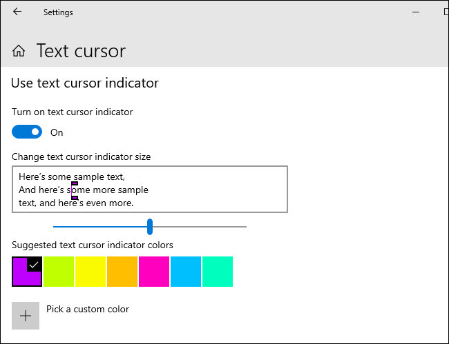 Personalizando o indicador do cursor de texto no Windows 10.