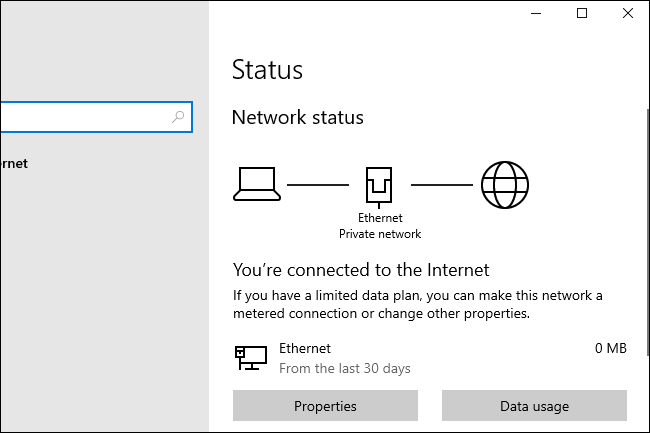 Novas opções de status de rede do Windows 10 20H1.