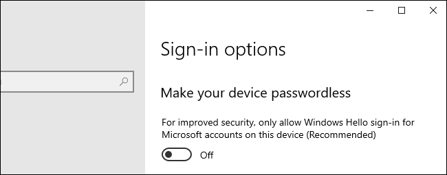 Opção de tornar seu dispositivo sem senha no Windows 10.