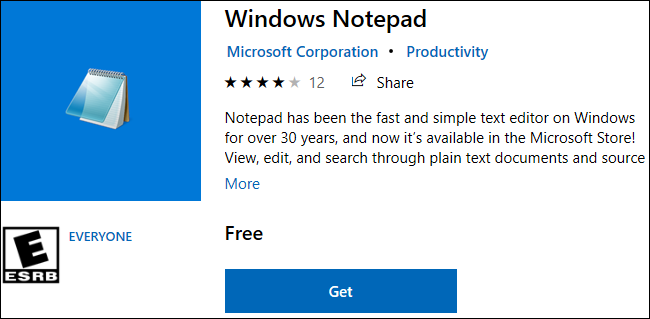 Bloco de notas do Windows disponível para download na Windows 10 Store.
