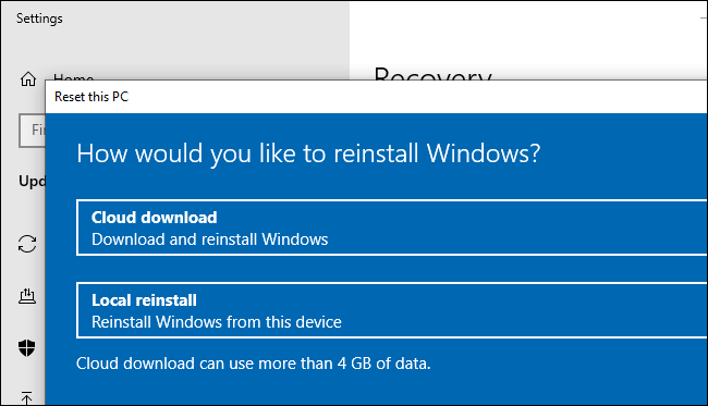 A opção de download na nuvem para redefinir (ou reinstalar) o Windows 10.