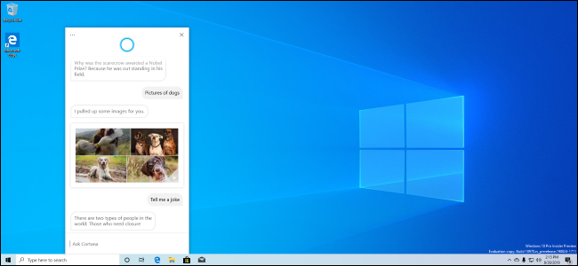 Uma área de trabalho da atualização do Windows 10 de maio de 2020 (versão 2004) com a nova experiência da Cortana.