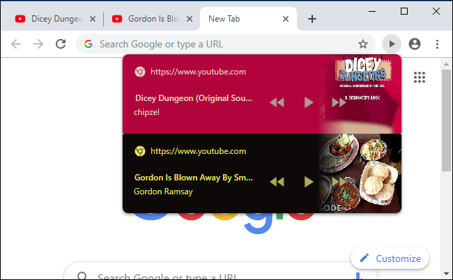 Vários sites mostrando controles de reprodução na barra de ferramentas do navegador Chrome.