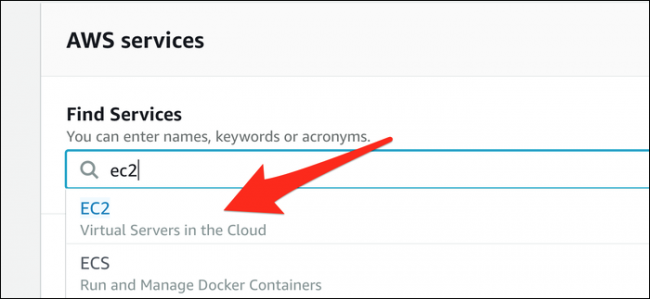 Digite “EC2 ″ na barra de pesquisa na plataforma de servidor virtual da AWS.