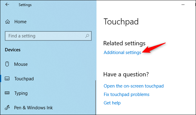 Abrindo configurações adicionais do touchpad no Windows 10.