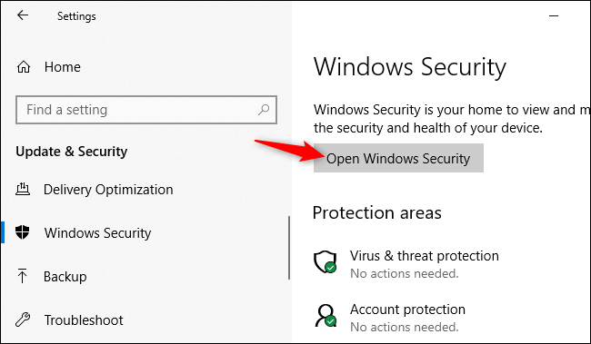 Abrindo o aplicativo de segurança do Windows nas configurações do Windows 10.