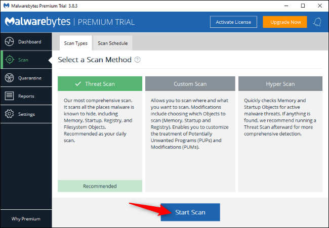 Procurando malware com o Malwarebytes no Windows.