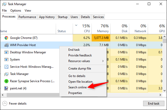 Procurando o nome de um processo online no Gerenciador de Tarefas do Windows.