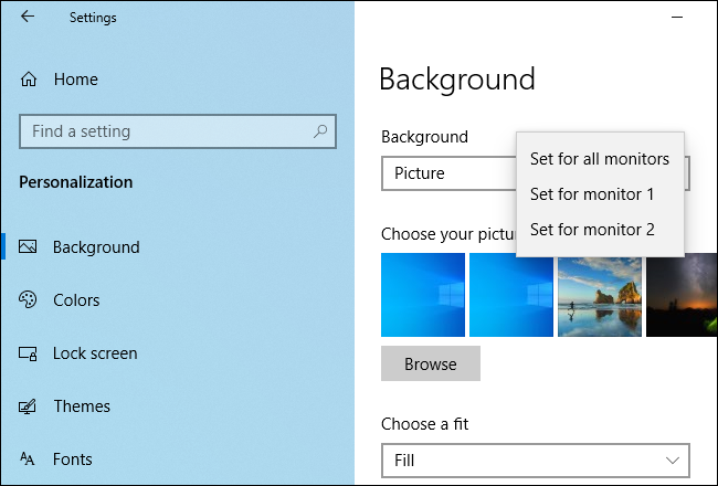 Definir papéis de parede diferentes para monitores diferentes no Windows 10.