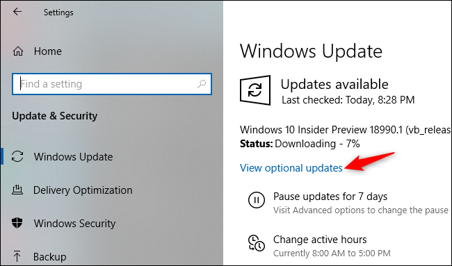 Visualização de atualizações opcionais na tela Configurações do Windows Update.