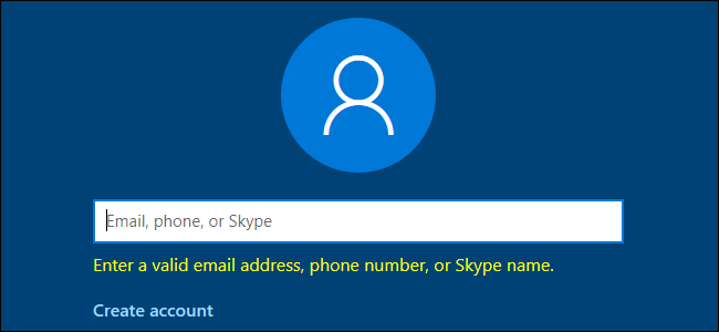 Windows 10 solicitando um endereço de e-mail, número de telefone ou nome Skype válido.