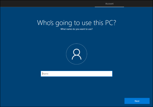 Criação de uma conta de usuário local no processo de configuração do Windows 10.