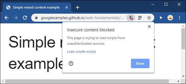 A mensagem de conteúdo inseguro bloqueado no Google Chrome.