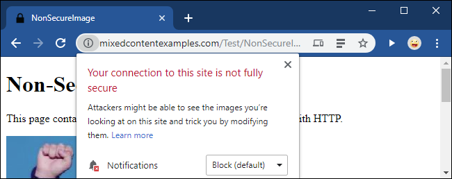 Aviso do Chrome sobre imagens de conteúdo misto.