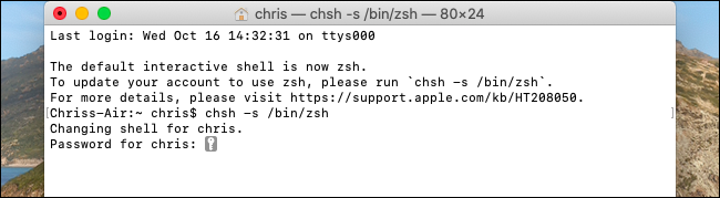 Alterando o shell padrão para Zsh no macOS Catalina.