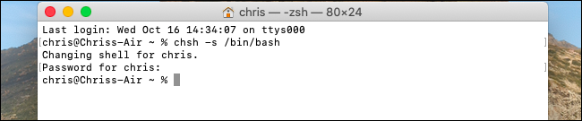 Alterando o shell padrão para Bash no macOS Catalina.