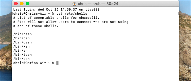 Listagem de shells disponíveis no terminal do macOS Catalina.