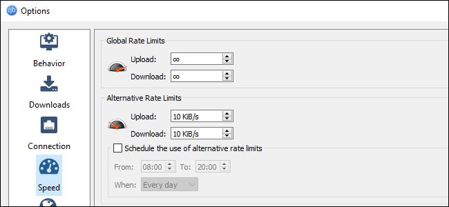 Definir limites de velocidade de upload e download no qBittorrent.