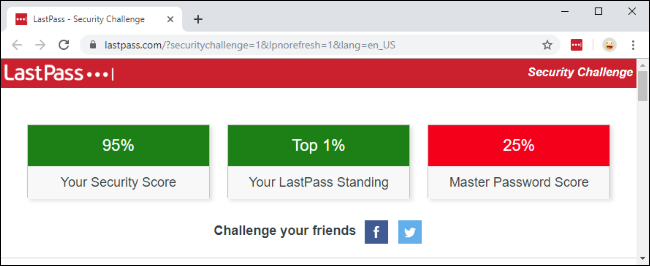 O desafio de segurança LastPass mostrando pontuações.