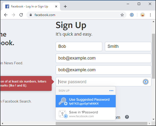 1Password oferta para gerar uma senha para uma nova conta do Facebook.
