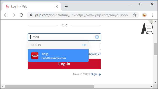 Fazendo login no site do Yelp com 1Password X no Google Chrome.