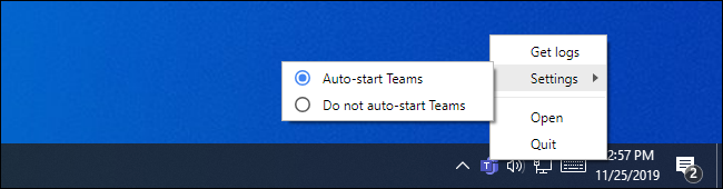 Desativando a inicialização automática do Microsoft Teams a partir do menu do ícone da bandeja do sistema.,