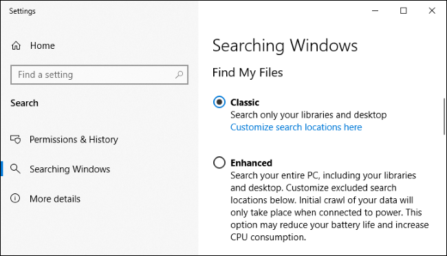 Configurações de indexação do Windows 10.