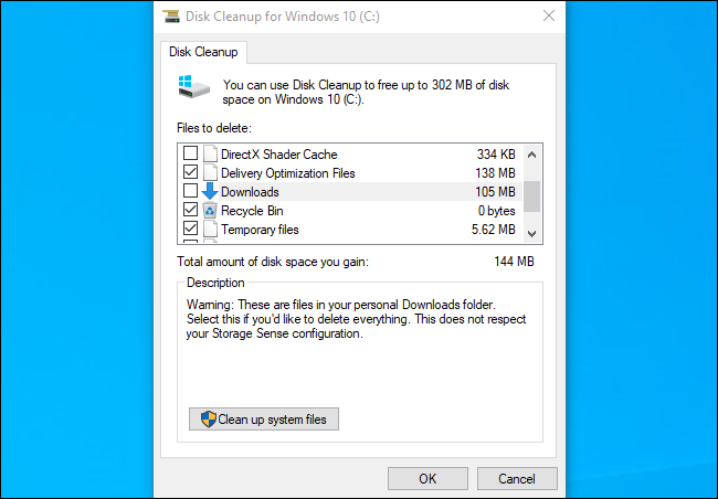 Limpeza de disco mostrando a pasta Downloads na atualização de novembro de 2019 do Windows 10.