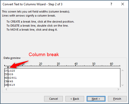 Inserir quebra de coluna em Texto para Colunas