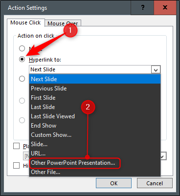 Selecione o botão de opção próximo a "Hiperlink para", abra o menu suspenso e selecione "Outra apresentação do PowerPoint".