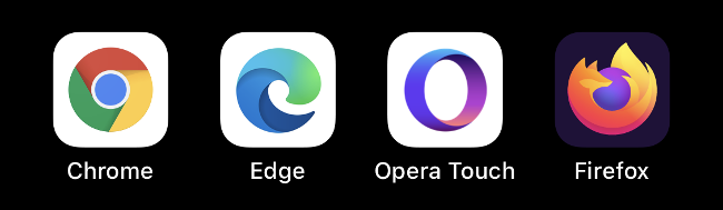 Os ícones do Chrome, Edge, Opera Touch e Firefox.
