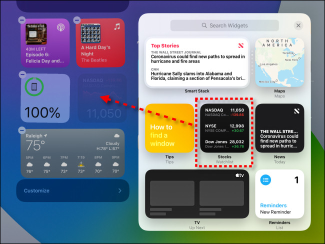Para adicionar um widget à Visualização Hoje, toque e arraste-o para o lugar no iPadOS 14.