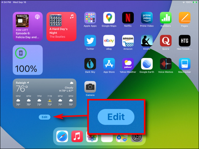 Na parte inferior da Visualização Hoje na tela inicial do iPad, toque no botão "Editar".