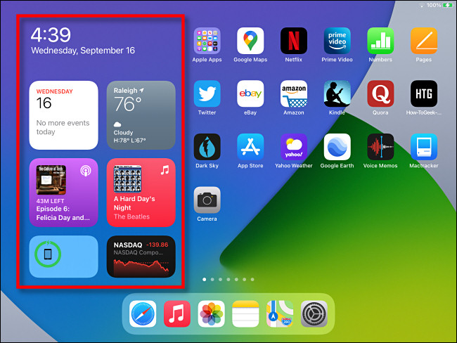 A área do widget "Visualização Hoje" conforme vista na tela inicial do iPad no iPadOS 14.