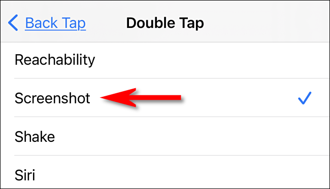 Nas configurações do Back Tap, selecione "Screenshot" no iPhone.