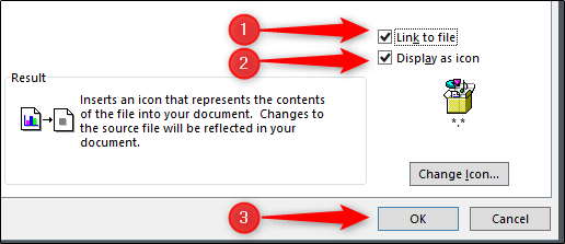 link para arquivo, ícone de exibição e opções de inserção de pdf