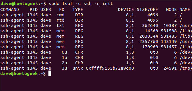 saída lsof em uma janela de terminal