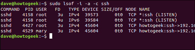 saída lsof em uma janela de terminal