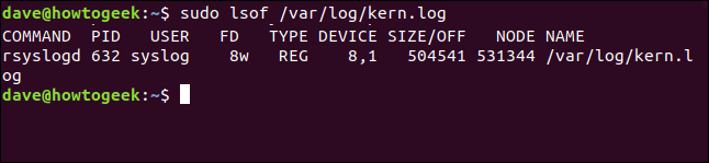 saída lsof em uma janela de terminal