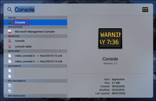 Digite "Console" na caixa de texto Spotlight e clique nele quando ele aparecer.