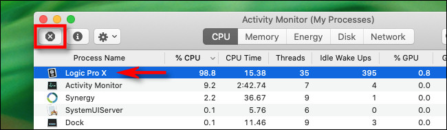 No Activity Monitor no Mac, selecione o processo e clique no botão "Stop".