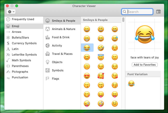 Examinando a janela Character Viewer no Mac.